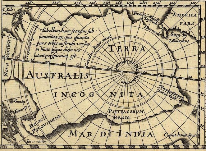 O mais provável é que essa região represente a Terra Australis Incognita, um pedaço de terra que era retratado com frequência em mapas do Renascimento.