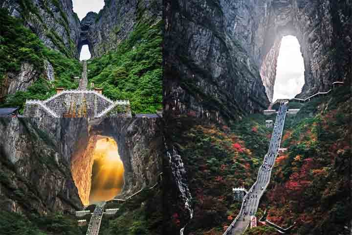 No sul da China, uma abertura natural de 30 metros no topo de um penhasco chama a atenção dos visitantes por parecer 