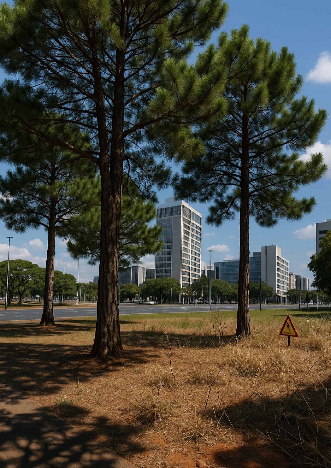 Nos refrescos urbanos e parques, pinheiros oferecem sombra, mas em ambientes errados, podem prejudicar o ecossistema e a segurança, como ocorre em Brasília  .
