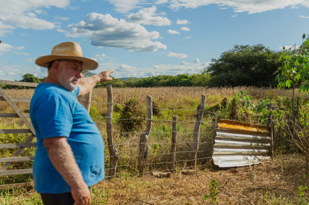 Homem idoso de camisa azul e chapéu de palha aponta para uma plantação atrás de uma cerca de madeira e arame. O cenário é rural, com céu azul e nuvens esparsas