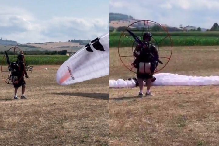 A esposa do paraquedista, Miha Schwartzenberg, registrou em vídeo a última decolagem do marido.