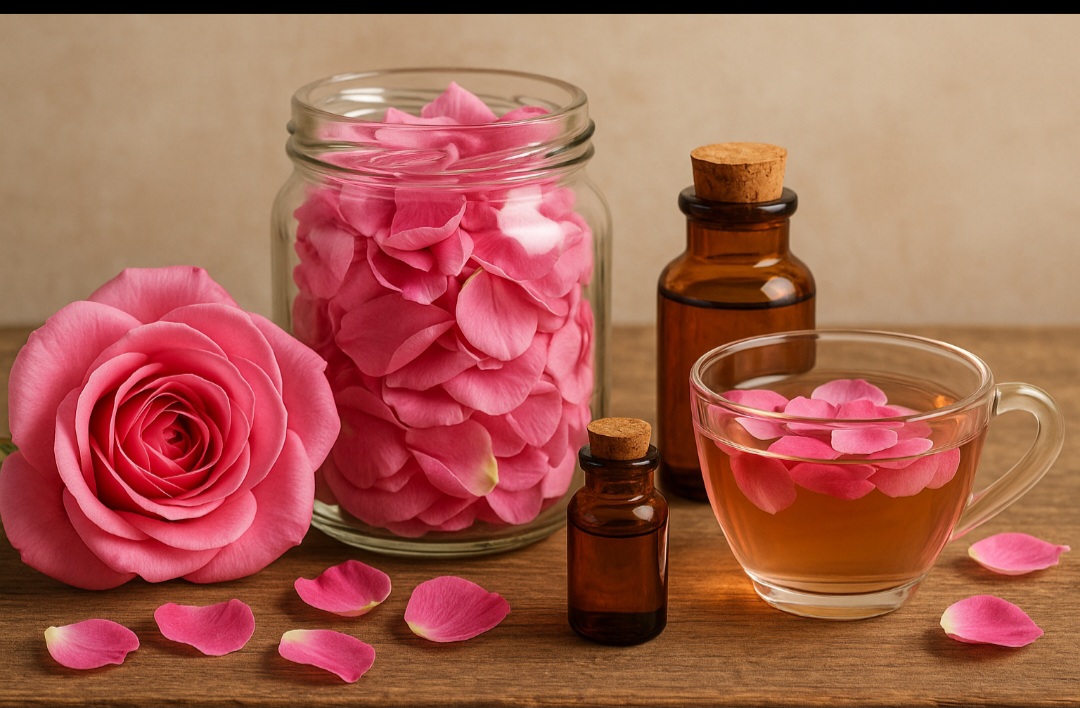 Além do uso ornamental, as pétalas de rosa são usadas na fabricação de perfumes, óleos essenciais e até chás, conhecidos por suas propriedades calmantes.