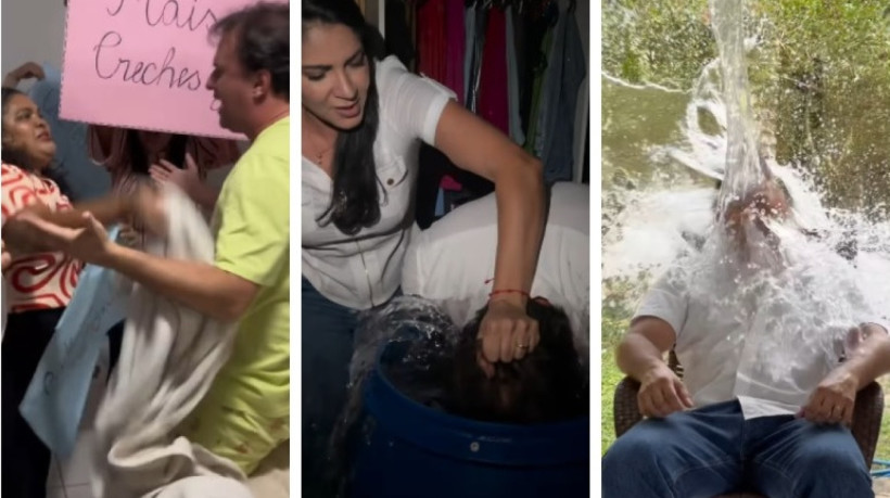 Bruno Gonçalves, prefeito de Aquiraz, em vídeos de humor para anunciar ações da Prefeitura, com a esposa, a vereadora de Fortaleza Carla Ibiapina