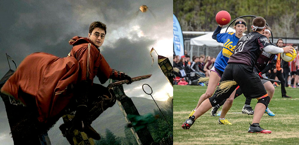 Quidditch - Chamado quadribol no Brasil, é o esporte dos bruxos da saga Harry Potter. Dois times de 7 jogadores cada, sem distinção de gênero, disputam num campo retangular, com cantos arredondados e três aros de gol, de diferentes alturas. Todos em cima de vassouras! 