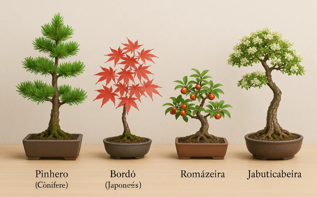 Os principais tipos de árvores usadas no bonsai são coníferas, como o pinheiro, e caducifólias, como o bordo japonês. Também se usam frutíferas e floríferas, como romãzeiras, azaleias e jabuticabeiras.