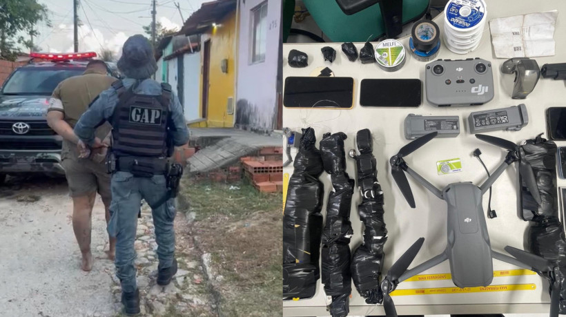 Homens foram capturados com drone carregado de drogas, celulares e serras próximo à presídio em Itaitinga