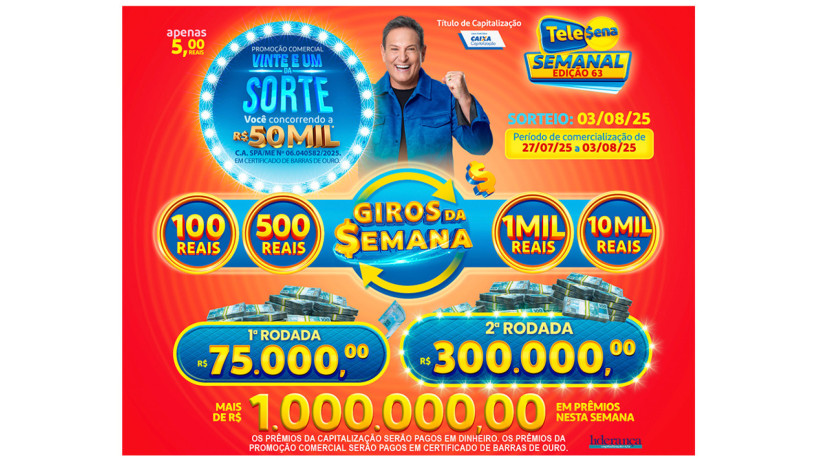 Tele Sena Semanal: resultado do sorteio de hoje, domingo, 03 de agosto de 2025 (03/08/25), pelo SBT. Mais de R$ 1 milhão em prêmios