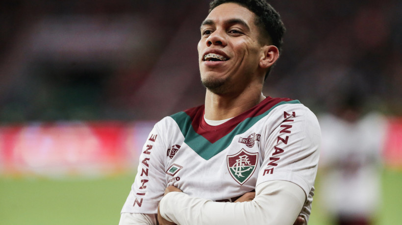 Atacante Paulo Baya comemora gol no Internacional x Fluminense, no Beira-Rio, pelo Campeonato Brasileiro Série A 2025