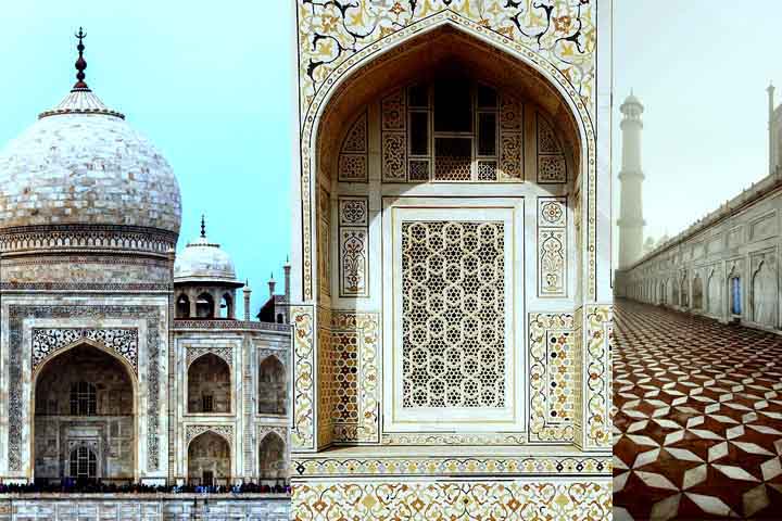 ÍNDIA - O Taj Mahal apresenta mosaicos detalhados que incluem azulejos entre pedras preciosas.
