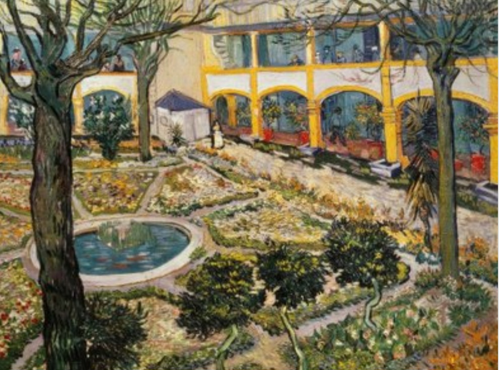 O holandês Van Gogh fez suas pinceladas peculiares na criacao de Jardim no Hospital de Arles incluindo um gazebo na area de lazer. A luz vibrante realça uma região do sul da França num quadro criado em 1889