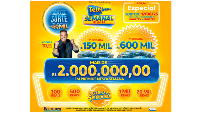 Tele Sena Semanal: resultado do sorteio de hoje, domingo, 17 de agosto de 2025 (17/08/25), pelo SBT. Mais de R$ 1 milhão em prêmios