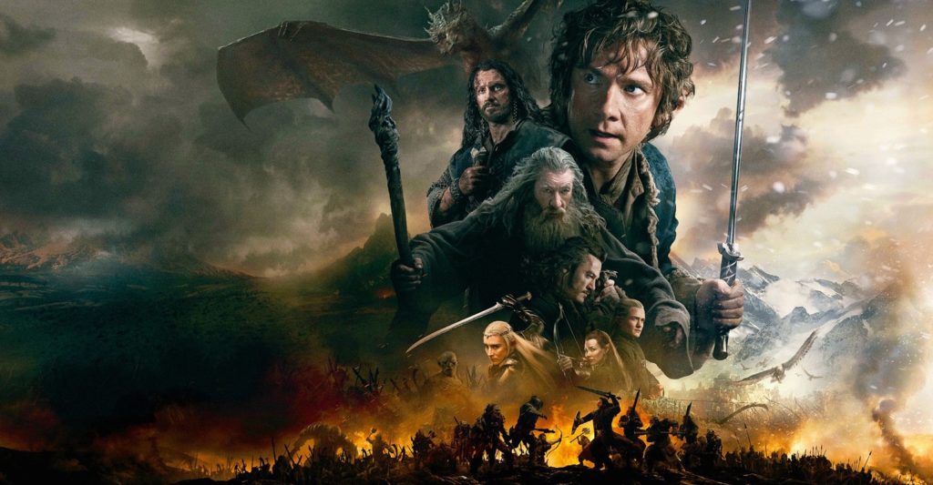 Por fim, em 2014, o fim da trilogia chega com O Hobbit: A Batalha dos Cinco Exércitos, com Bilbo Bolseiro e Gandalf tentando impedir uma guerra travada na Terceira Era entre Homens do lago, Anões das colinas de ferro, Elfos da floresta, Goblins e Wargs.