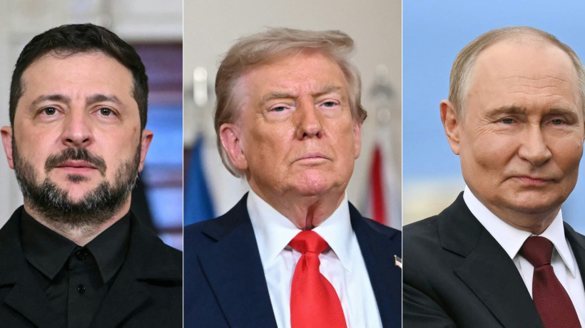 O presidente ucraniano, Volodymyr Zelensky, o presidente estadunidense Donald Trump, e o presidente russo, Vladimir Putin