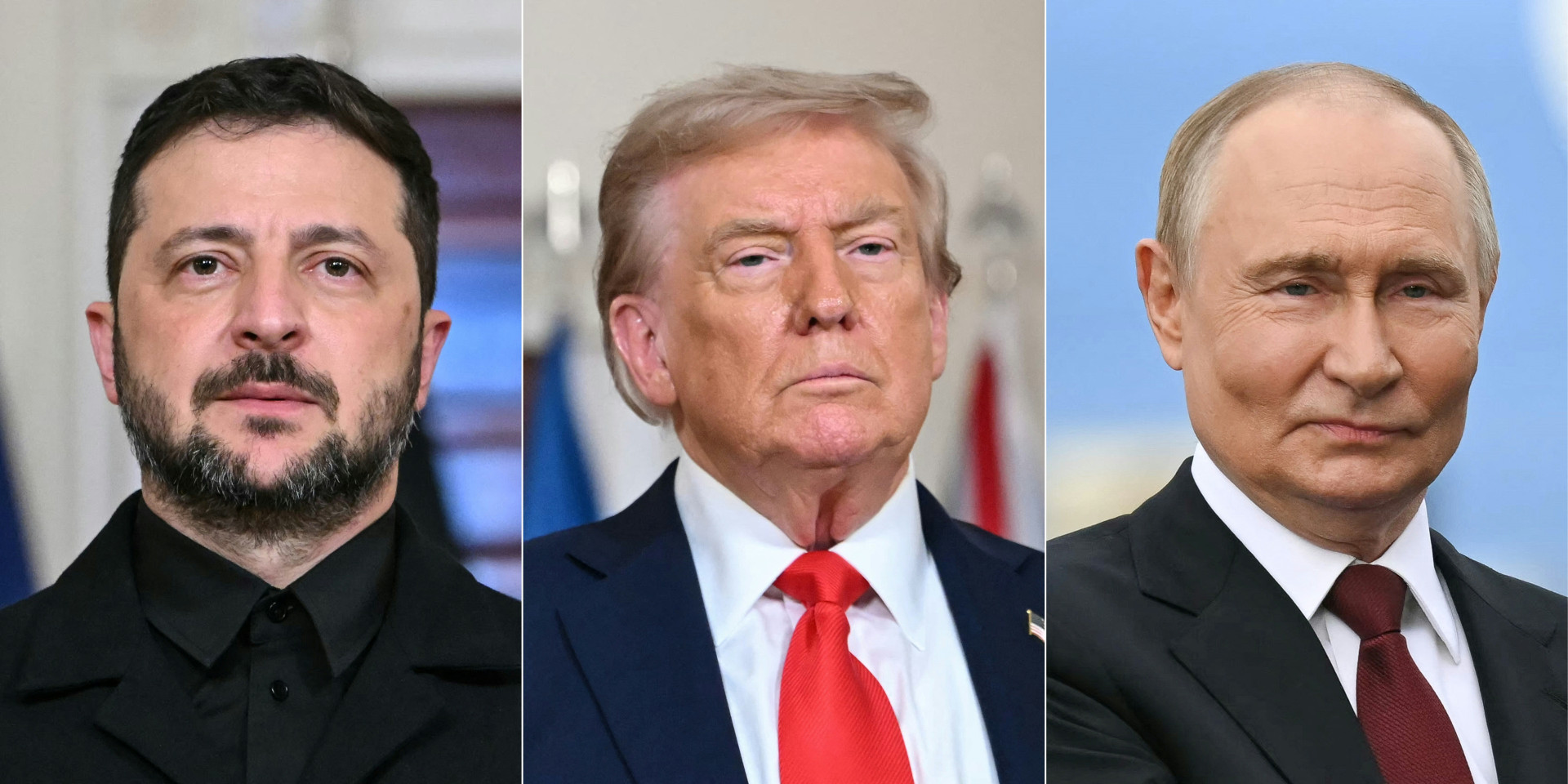 O presidente ucraniano, Volodimir Zelensky, o presidente estadunidense Donald Trump, e o presidente russo, Vladimir Putin (Foto: ANDREW CABALLERO-REYNOLDS / AFP)