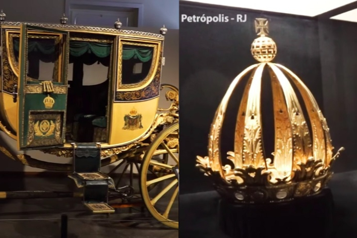 Um dos maiores destaques é a coroa de Dom Pedro II, feita de ouro, pérolas e brilhantes, exposta com um sistema de segurança especial.