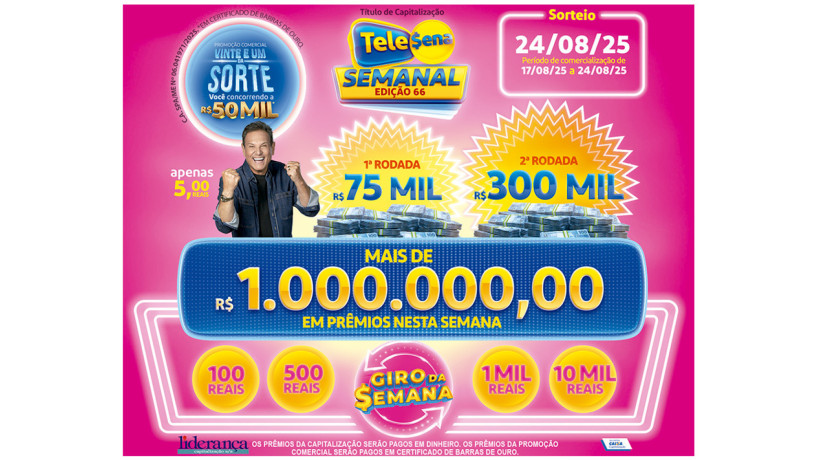 Tele Sena Semanal: resultado do sorteio de hoje, domingo, 24 de agosto de 2025 (24/08/25), pelo SBT. Mais de R$ 1 milhão em prêmios