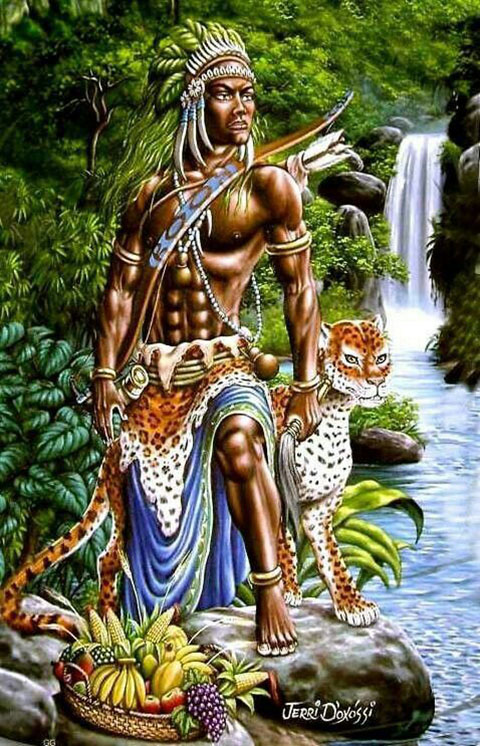 Oxóssi é o Deus da caça. As florestas são o seu elemento. Padroeiro da sabedoria. Retratado com rabo de cavalo e chifre de boi. Algumas oferendas: peixe e milho.