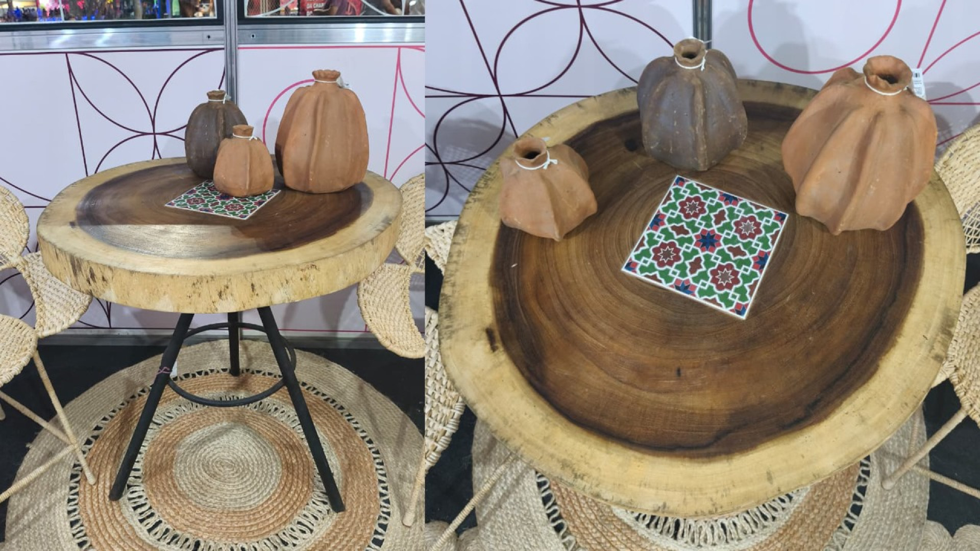 Mesa do artesão Carlos Alberto Bernardo e cerâmicas de Rebeca Nóbrega Pinho