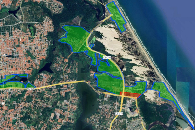 Texto original afetava toda a ZIA da Sabiaguaba (verde); emenda restringe aplicação a área com construções (vermelho)