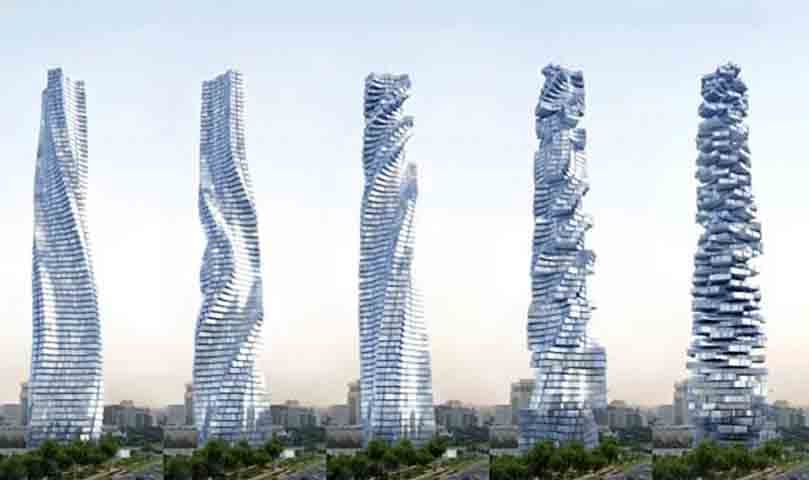 Dynamic Tower - Emirados Árabes - Conhecida como Edifício de Arquitetura Dinâmica ou Torre Da Vinci, é um arranha-céu móvel de 420m em Dubai. Cada andar é projetado para girar de forma independente. A foto mostra como a torre muda de formato, dependendo da rotação feita em cada andar do prédio. 
