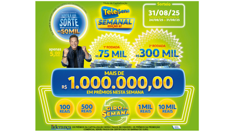 Tele Sena Semanal: resultado do sorteio de hoje, domingo, 31 de agosto de 2025 (31/08/25), pelo SBT. Mais de R$ 1 milhão em prêmios
