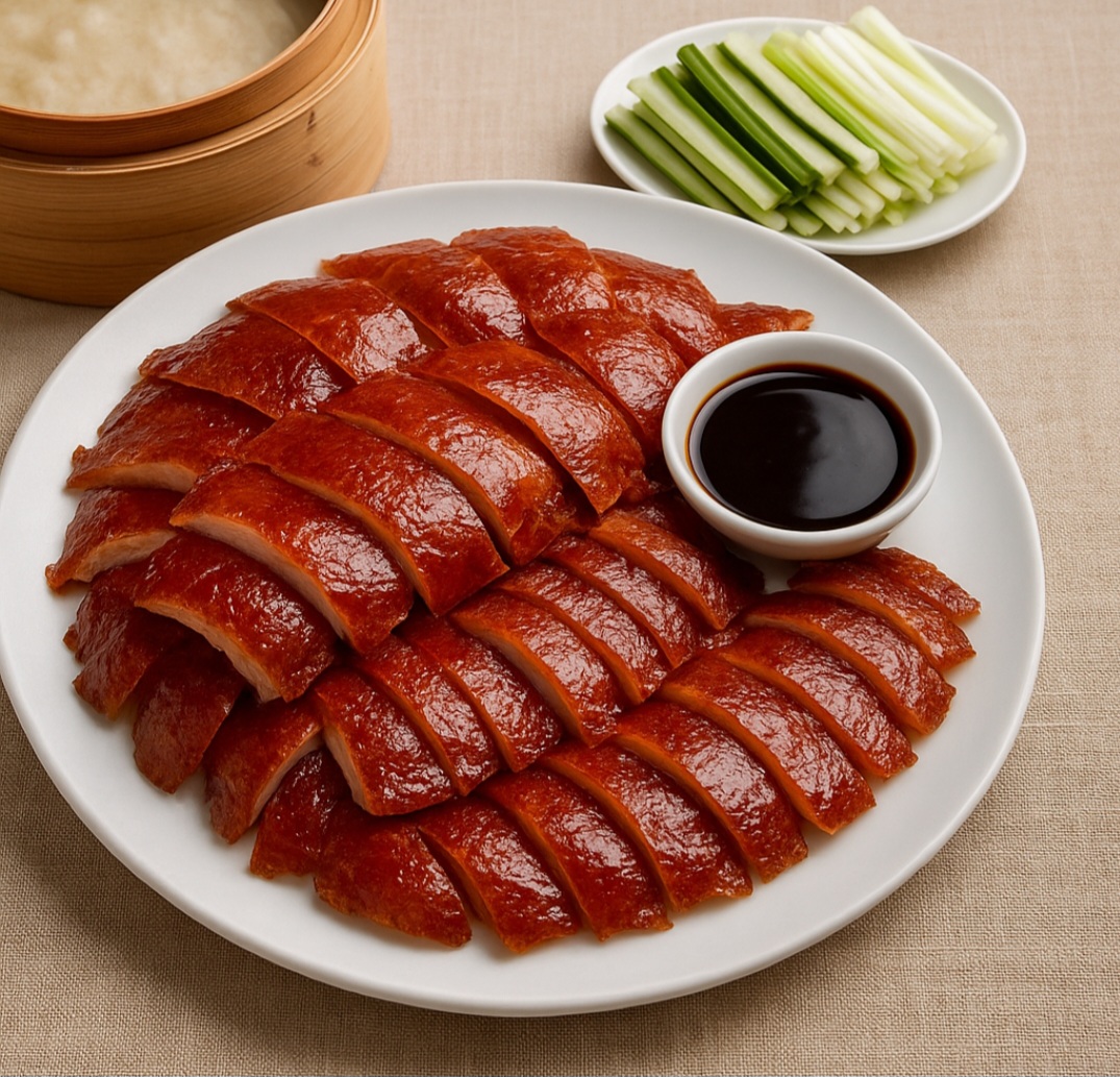 O pato laqueado verdadeiro é um prato sofisticado e tradicional da alta gastronomia chinesa. Exige preparo cuidadoso com a pele ficando crocante e a carne macia, sendo servido com panquequinhas, cebolinha e molho hoisin. 