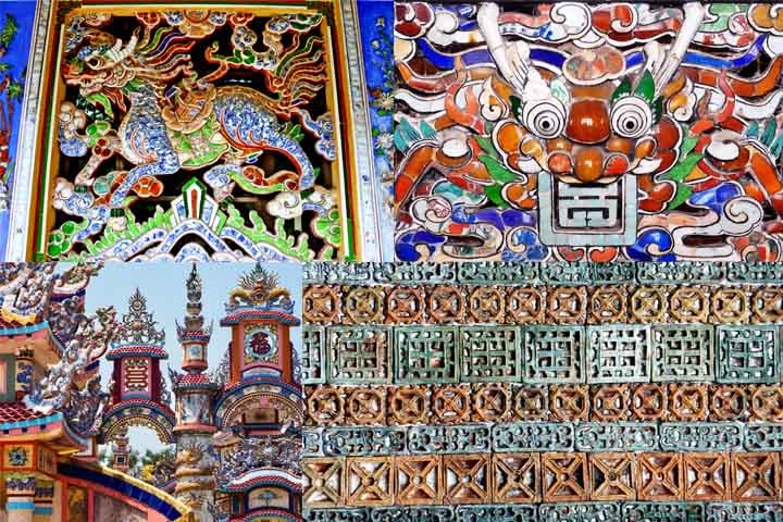 VIETNÃ - Mosaicos decorativos enfeitam templos budistas e tumbas da realeza em Huế.
