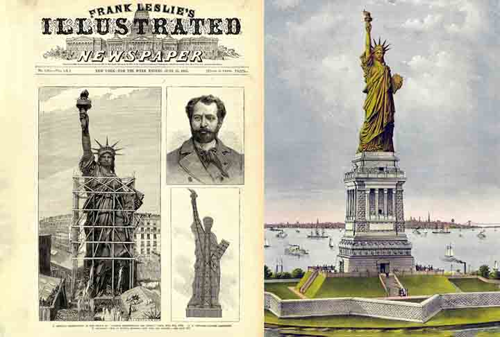 Especificamente na Ilha de Bedloe, no Porto de Nova York (entre a cidade e o condado de Hudson, em Nova Jersey). A estátua foi construída com inspiração no Colosso de Rodes, uma gigantesca estátua que foi construída em Rodes, na Grécia, durante a Antiguidade. 