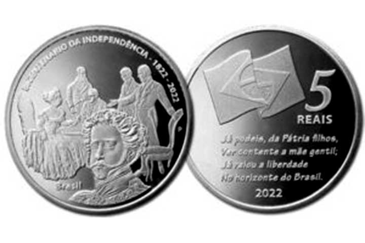 2022: Foram lançadas 20 mil unidades de moedas de R$ 5, em homenagem ao Bicentenário da Independência.