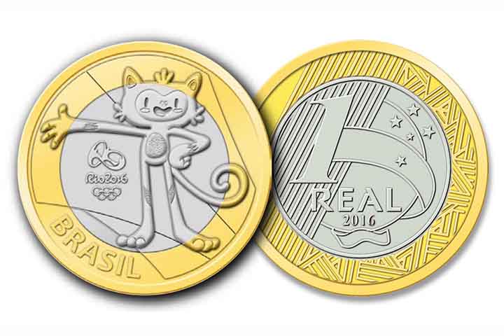 2016: Moeda de R$ 1 com o mascote Vinícius em homenagem aos Jogos Olímpicos e Paralímpicos Rio 2016. Foram produzidas 20 milhões de unidades.
