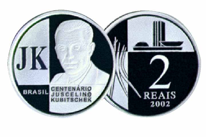 2002: 20 mil unidades de moedas de R$ 2 foram fabricadas em homenagem ao centenário de Juscelino Kubitschek.