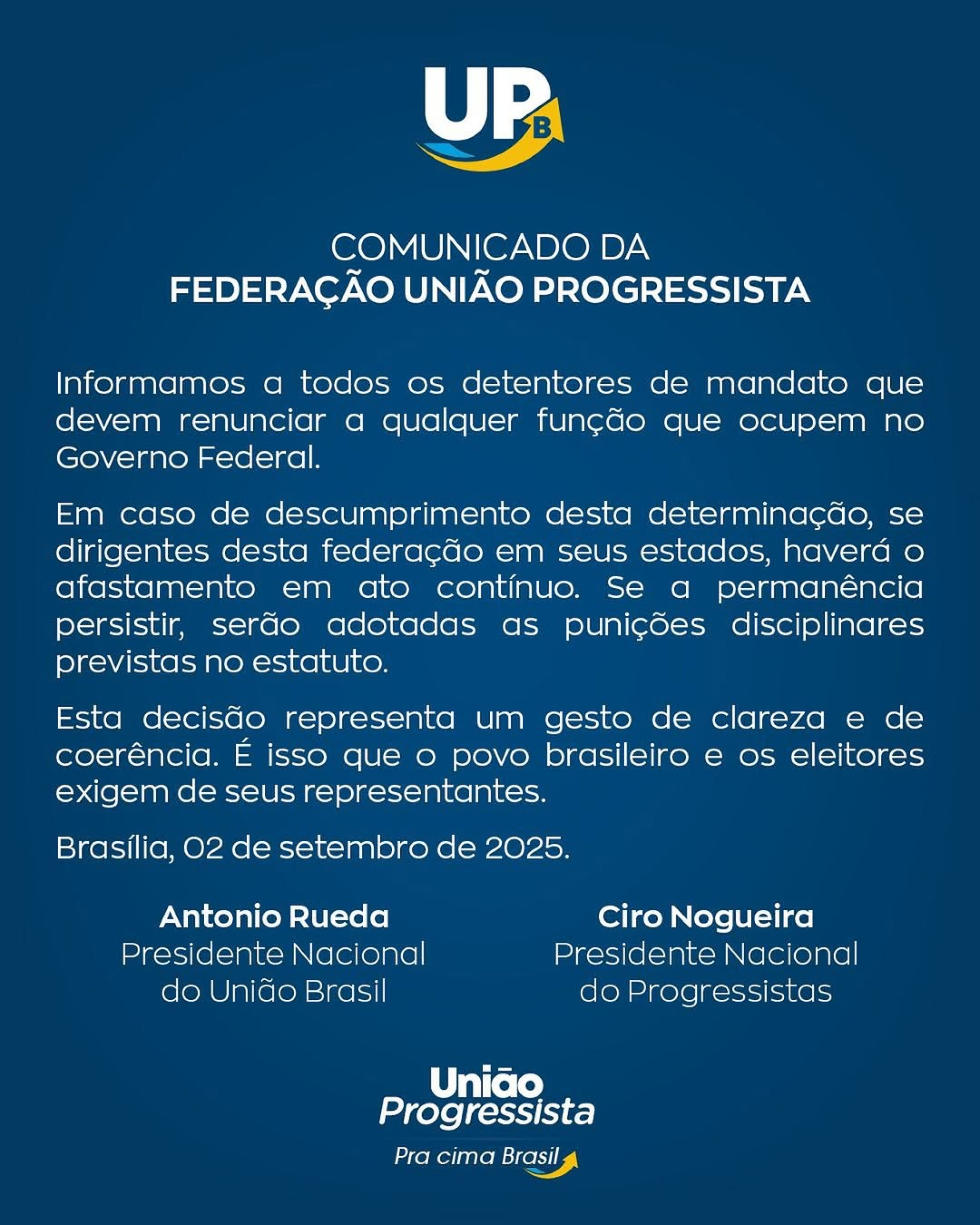 Comunicado oficial da Federação União Progressista referente a saída dos dois partidos da base do Governo Lula