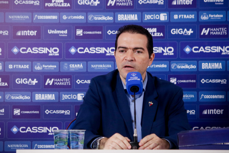 FORTALEZA, CEAR&Aacute;, BRASIL, 08-09-2025: Coletiva com  Presidente Marcelo Paz e Sergio Papilim em apresenta&ccedil;&atilde;o do novo Tecnico Palermo do Fortaleza no Pici. (Foto: Samuel Setubal/ O Povo)