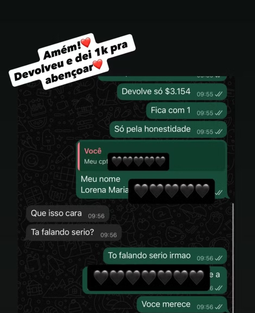 Em agradecimento, Lorena decidiu enviar um novo PIX como forma de recompensa. Segundo ela, o gesto simbolizava uma bênção pela atitude correta do desconhecido. 