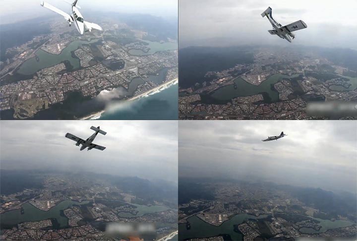 Os paraquedistas, incluindo um que filmou o momento, conseguiram saltar sem ferimentos.