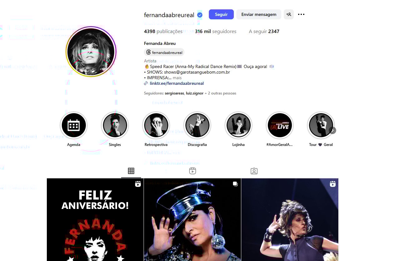Atualmente, o perfil oficial de Fernanda Abreu no Instagram (@fernandaabreureal) tem cerca de 196 mil seguidores, com uma taxa de engajamento de aproximadamente 0,45% que reflete sua base fiel de fãs e presença digital consolidada. 

