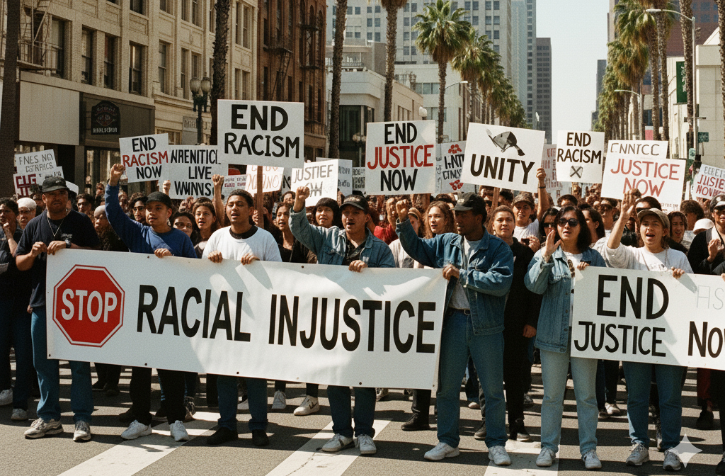 Contudo, por sua enorme diversidade etnica, Los Angeles se depara com manifestações intensas. Durante as décadas de 1960 e 1970, foi palco de diversas revoltas. Em 1992, depois do caso “Rodney King”, a cidade sofreu o conflito racial mais grave que acabou com a vida de quase 60 pessoas.

