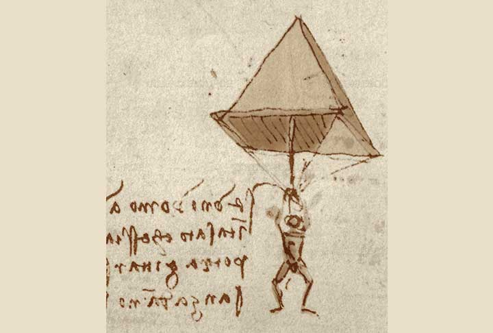 A ideia de frear uma queda remonta a tempos antigos, com rascunhos de dispositivos semelhantes a paraquedas encontrados em cadernos de Leonardo da Vinci no século 15.