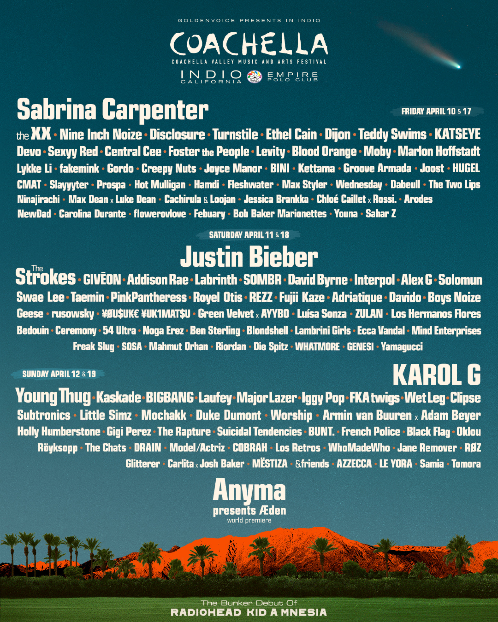 Programação do Coachella 2026 terá shows de Sabrina Carpenter, Justin Bieber e Karol G