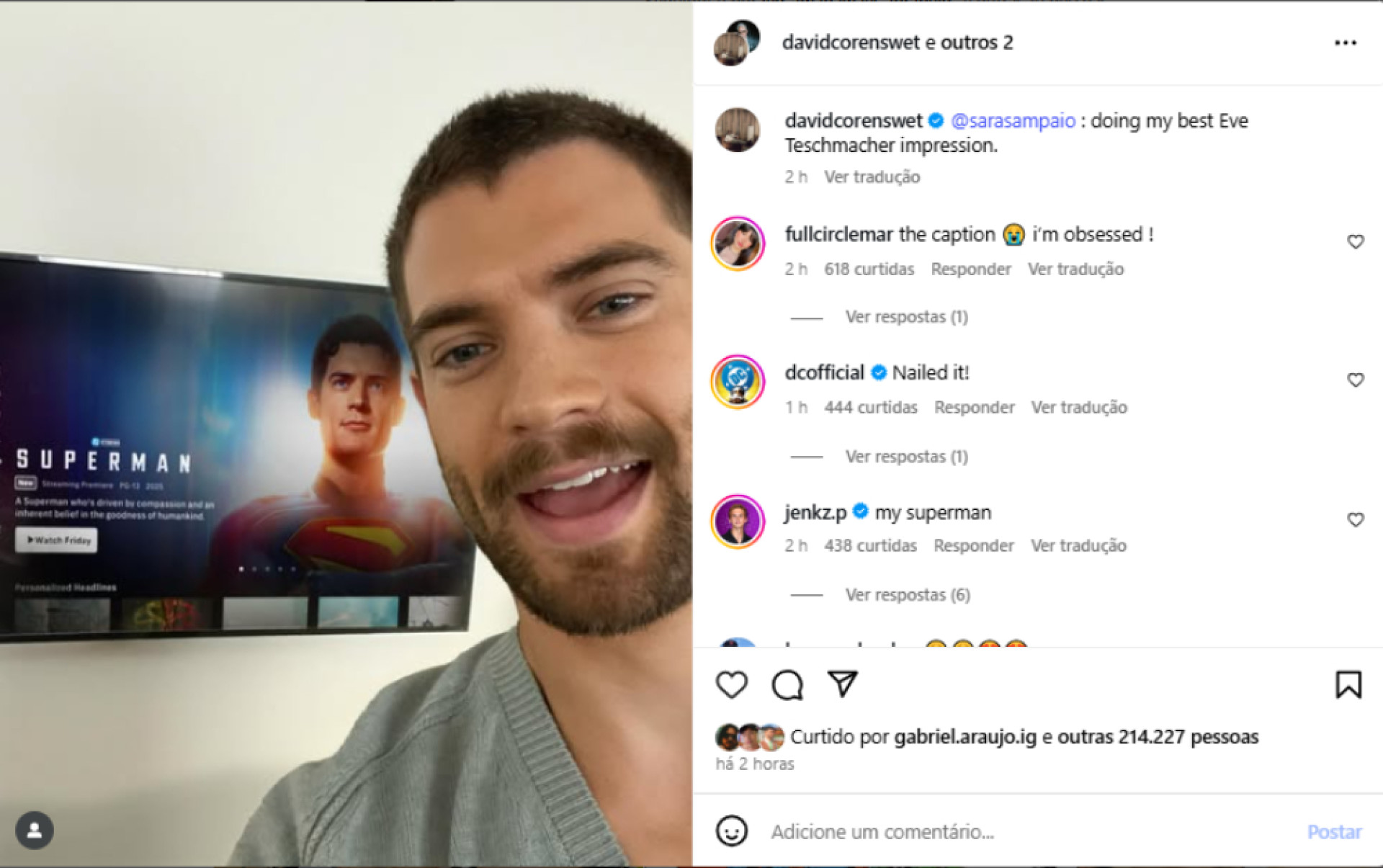 David Corenswet comemora em suas redes sociais o anúncio da estreia de "Superman" na HBO Max 