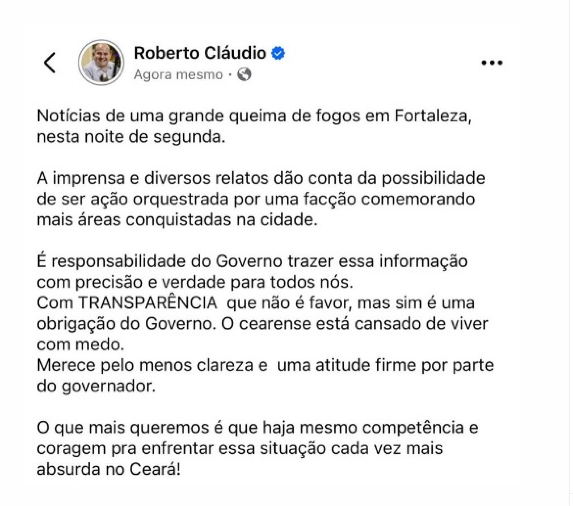 Ex-prefeito cobra responsabilidade de transparência do Governo do Ceará após queima de fogos em Fortaleza nesta segunda-feira, 15