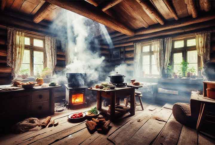 Antes da invenção da chaminé, o fogo era feito no meio de uma sala e a fumaça escapava através de buracos no telhado ou janelas. Esse método era comum em construções como as cabanas primitivas.