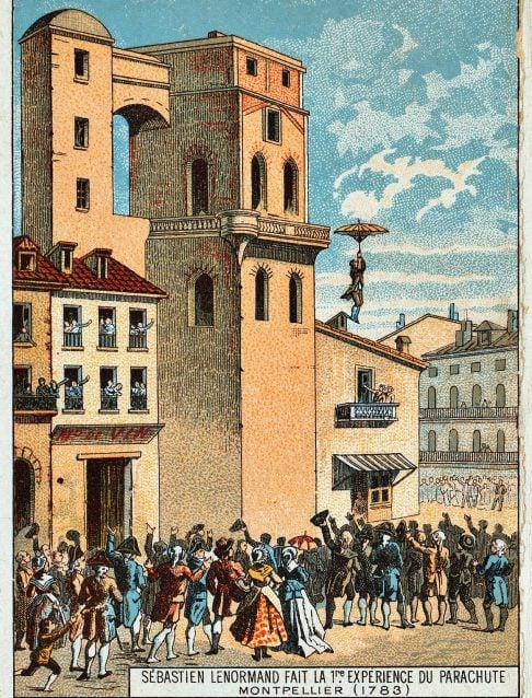 Contudo, foi apenas em 1783 que o francês Louis-Sébastien Lenormand realizou o primeiro salto público com um paraquedas rudimentar, usando dois guarda-chuvas modificados.