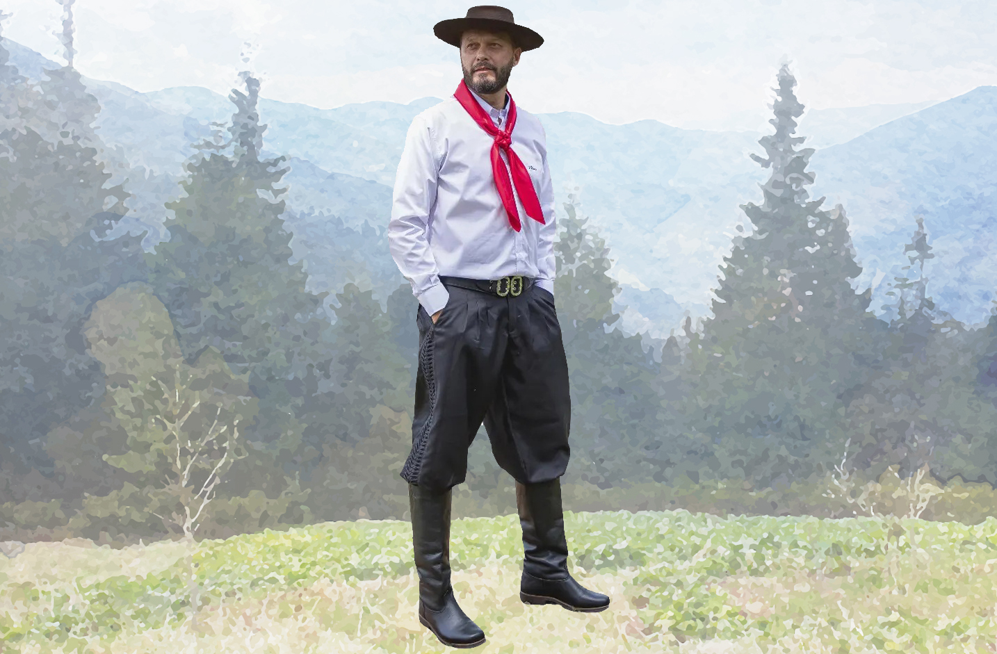 A vestimenta tradicional gaúcha inclui bombacha, lenço no pescoço, bota, guaiaca e chapéu. Usada com orgulho em festas e eventos culturais, a bombacha se destaca por ser uma calça larga nas coxas e ajustada nos tornozelos — símbolo marcante da identidade gaúcha.
