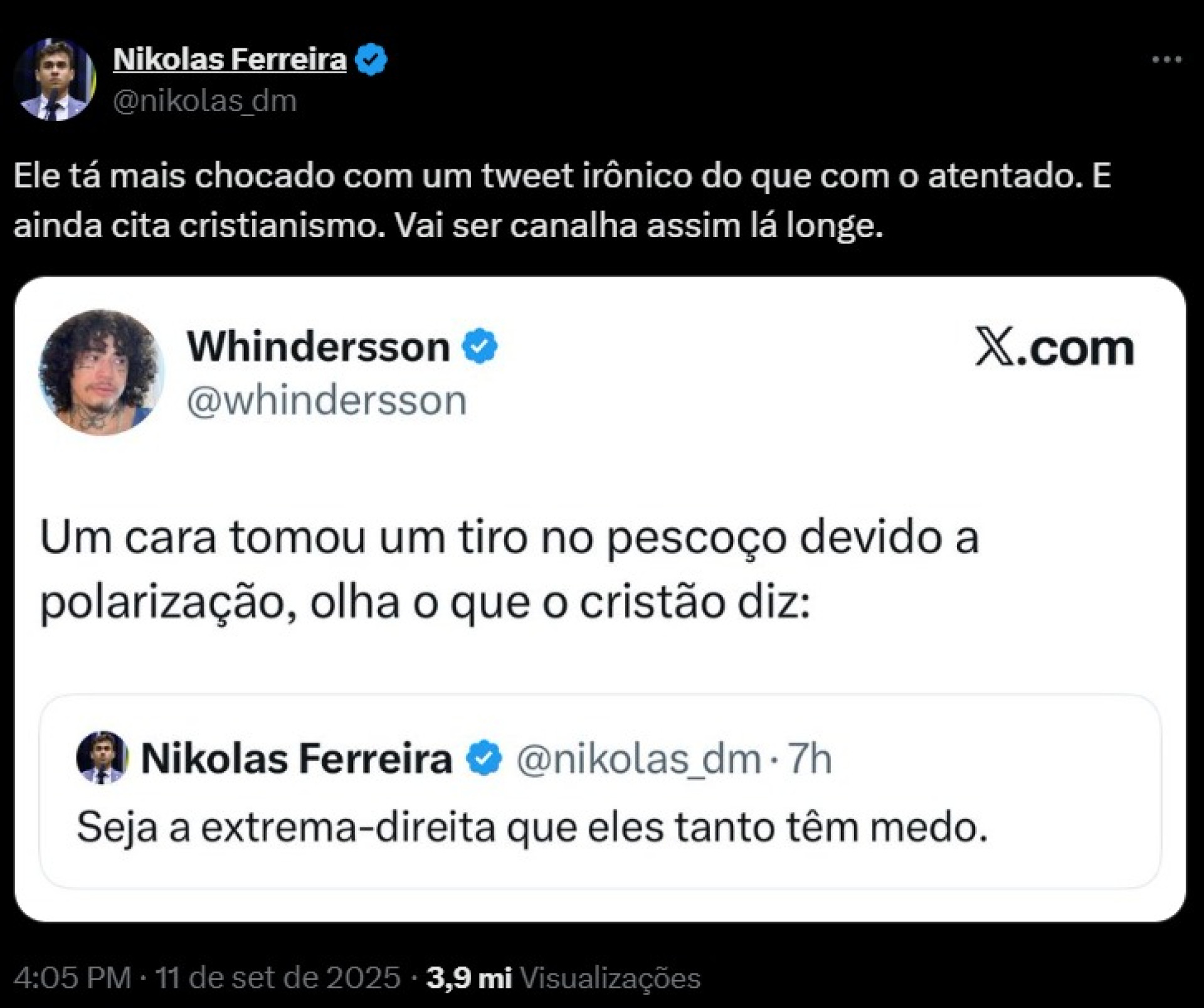 Nikolas e Whindersson protagonizaram uma briga no X (antigo Twitter) com citações a menage e morte do filho de Whindersson
