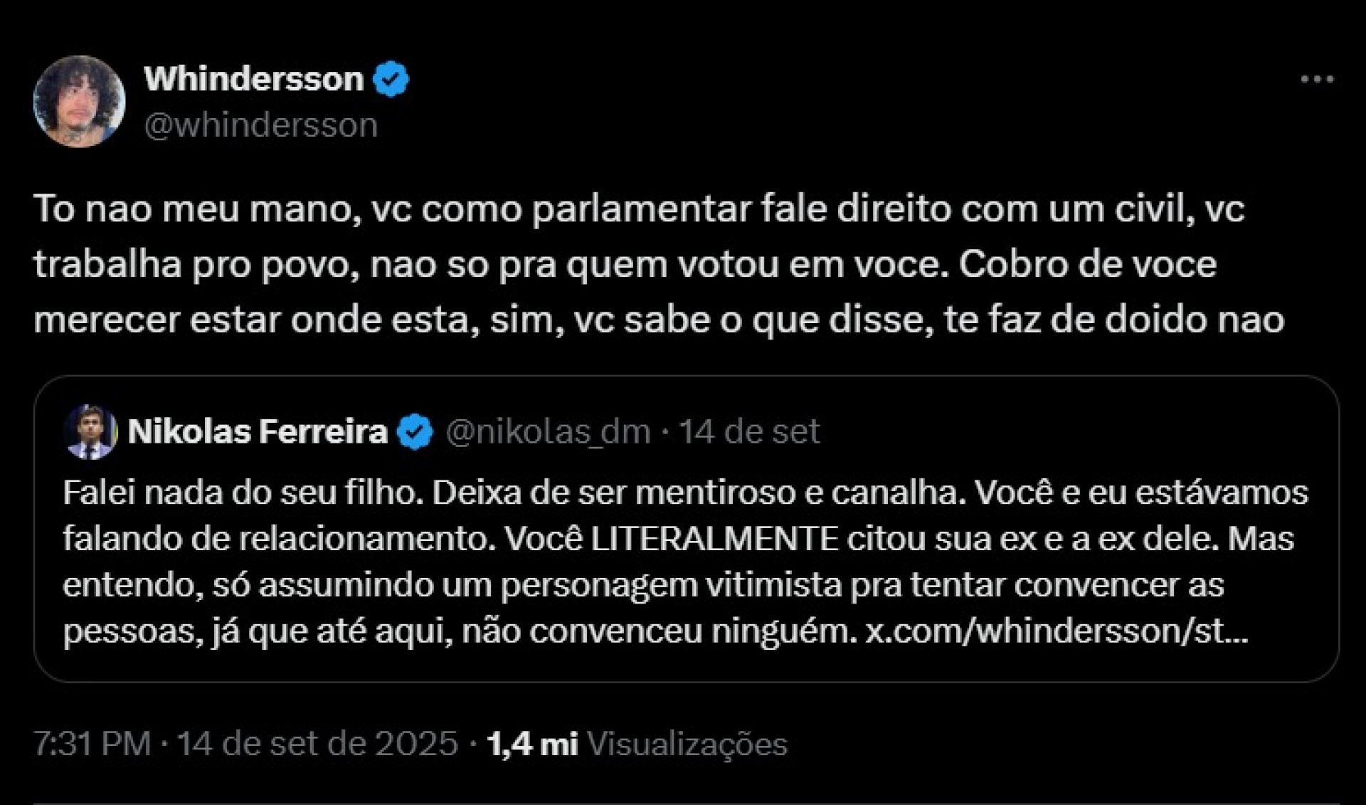 Nikolas e Whindersson protagonizaram uma briga no X (antigo Twitter) com citações a menage e morte do filho de Whindersson