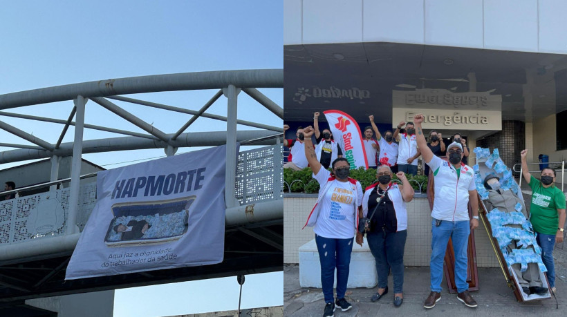 Manifestantes da categoria da saúde protestam em frente a unidade da Hap Vida, na manhã desta quinta-feira, 25, em Fortaleza 