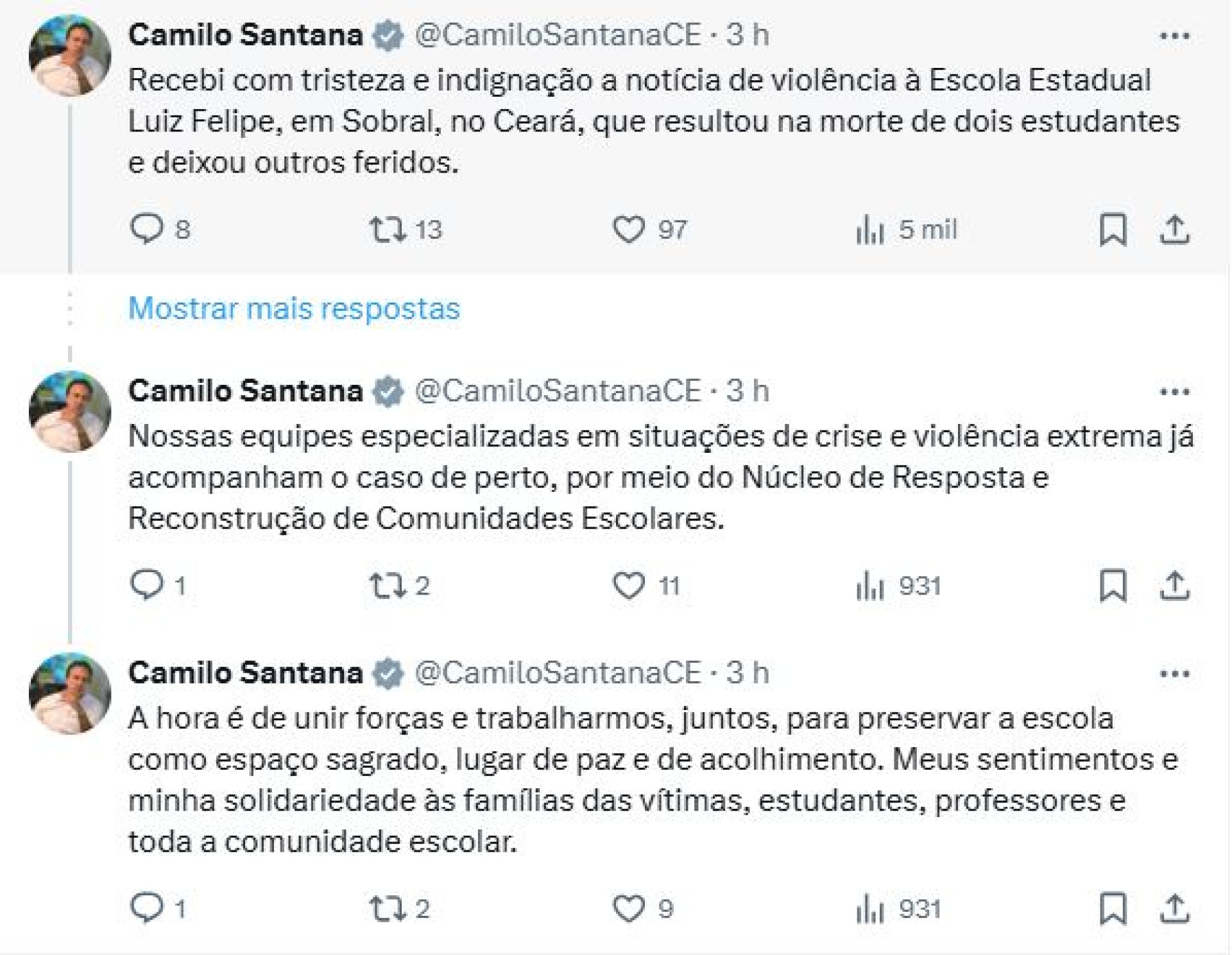 Camilo Santana em seu perfil lamenta o ocorrido