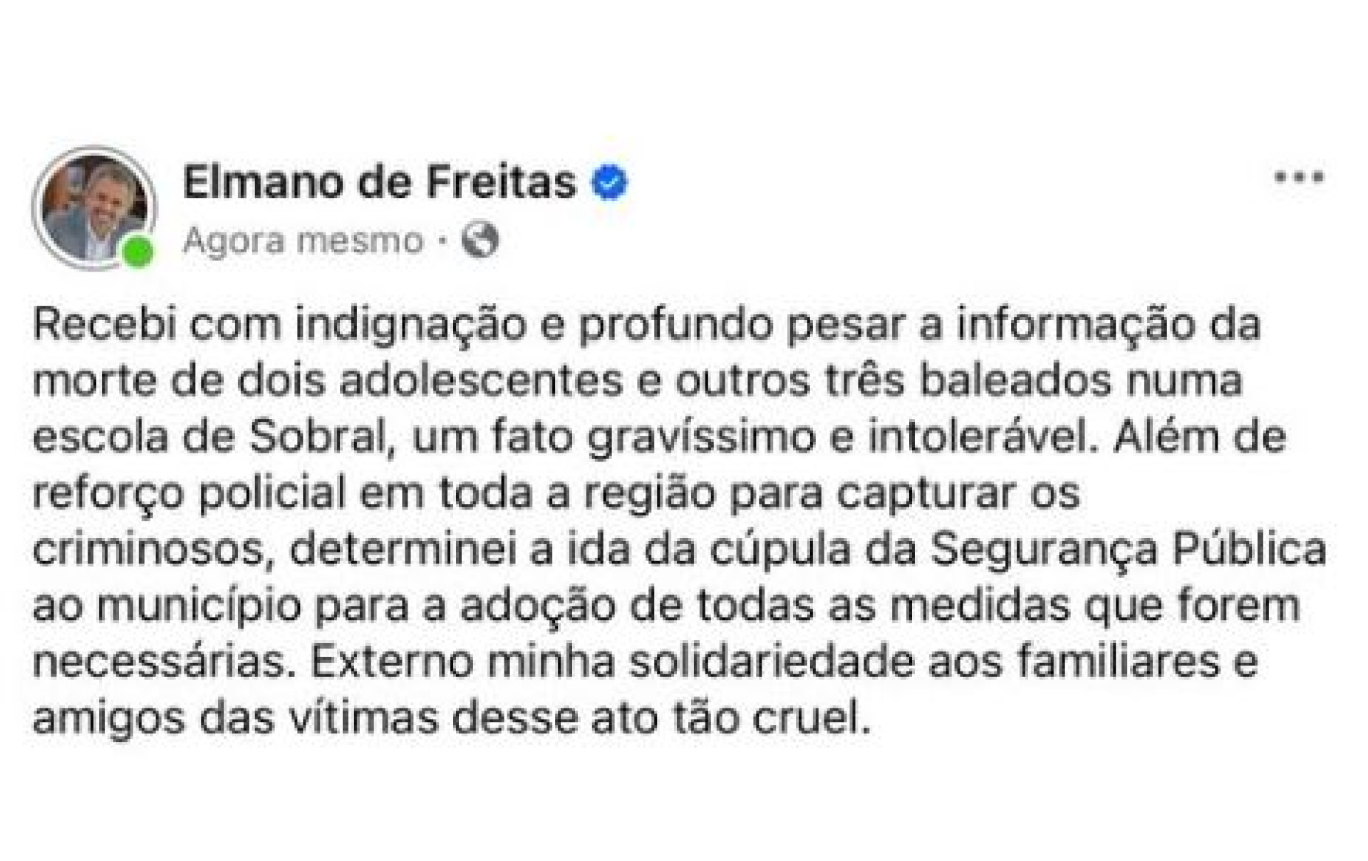 Em publicação, Elmano lamenta ataque em Sobral.