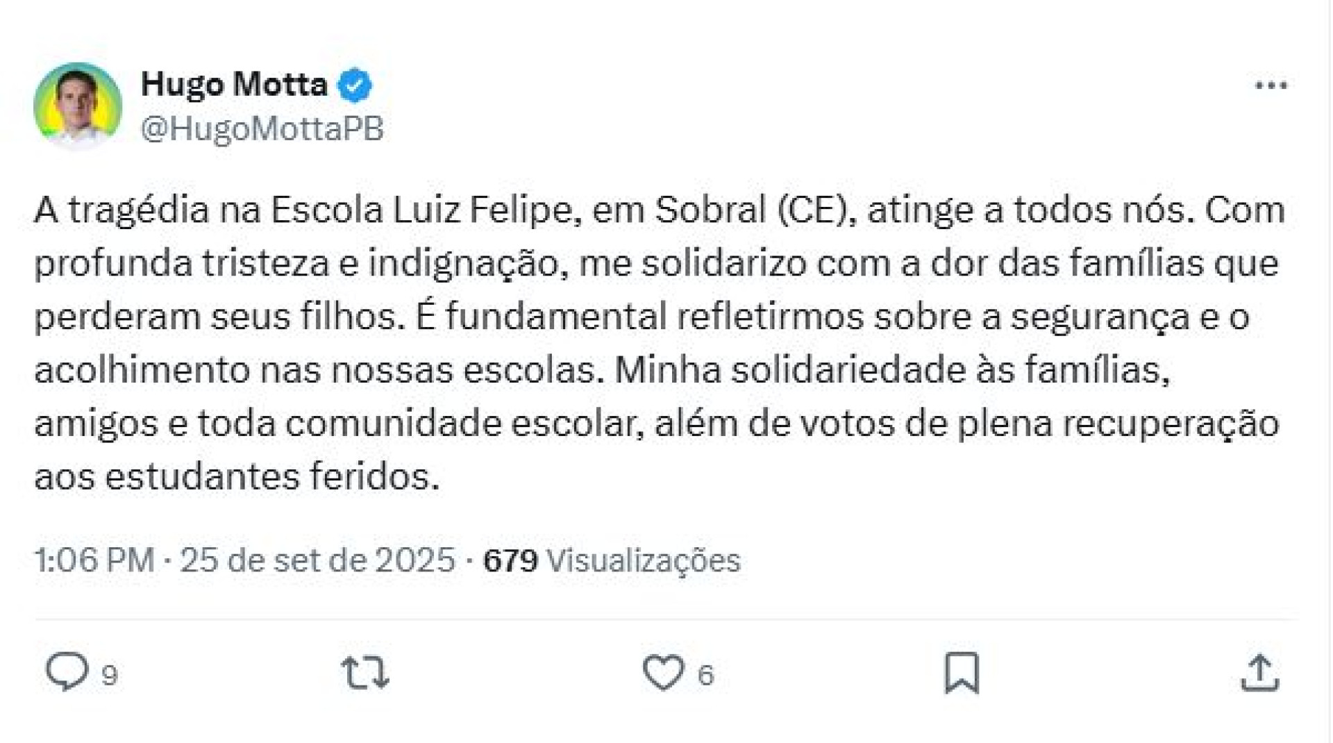 Presidente da Câmara se pronuncia no X sobre ataque em escola de Sobral.